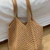 New handcrafted woven tote hollowed-out vacation straw weaving seaside and beach casual single-shoulder bag with large capacity and laid-back style details Picture